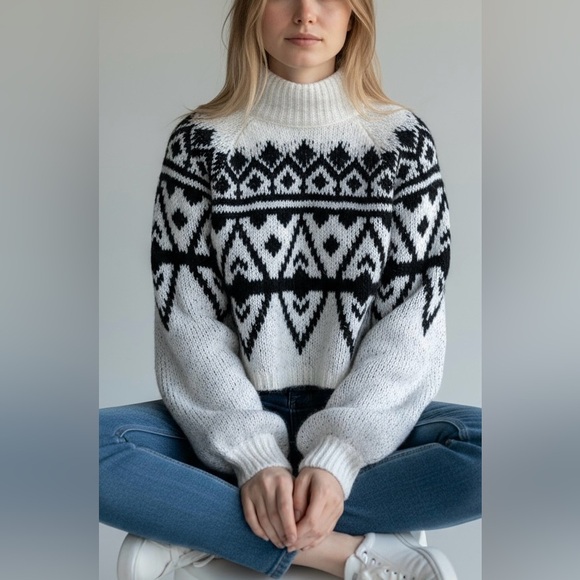 Hollister Sweaters - Hollister Women’s Black and White Fair Isle Knit Sweater Turtleneck Size Medium